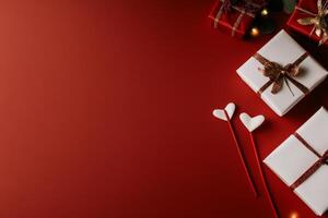 Festive Gift Arrangement With Red Background and Decorative Elements for Celebration photo