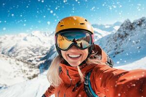 Smiling Skier Takes Selfie Against Stunning Mountain Backdrop in Winter Sunshine. photo