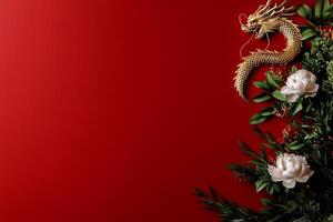 Vibrant Dragon Decoration on Red Backdrop for a Cultural Celebration or Festival. photo