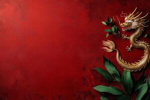 Vibrant Dragon Decoration on Red Backdrop for Cultural Celebration or Festival. photo