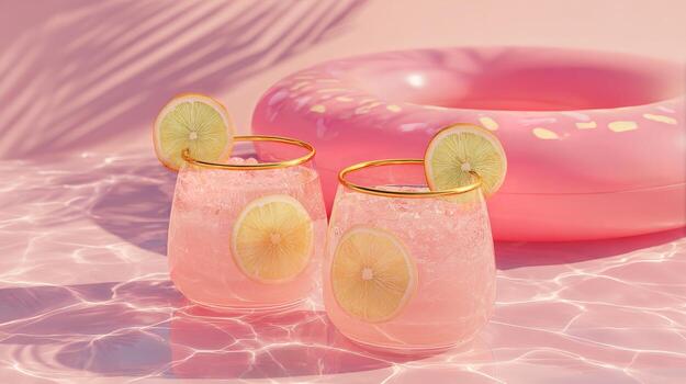 Refreshing Pink Lemonade Cocktails Beside a Pool Float in a Sunny Summer Setting photo