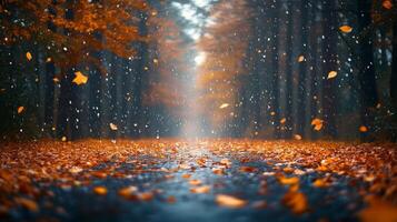 Autumn Rain Falls on a Serene Pathway Lined With Vibrant Leaves in a Tranquil Forest Setting photo