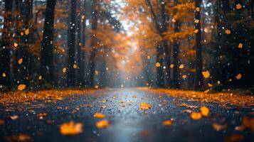 Autumn Road With Falling Leaves and Light Rain in a Quiet Forest photo