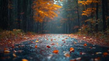 Autumn Road With Falling Leaves and Light Rain in a Quiet Forest. photo