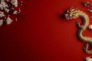 Golden Dragon Sculpture With Cherry Blossoms on Red Background for Festive Celebration photo