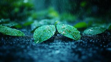 Raindrops Falling on Pavement With Scattered Yellow Leaves During a Rainy Day in a Tranquil Outdoor Setting. photo
