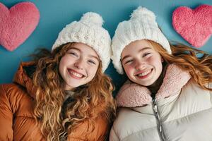 Two Girls Enjoy Winter Fun While Lying on a Colorful Surface Surrounded by Heart-Shaped Pillows. photo