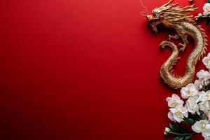 Golden Dragon Sculpture With Cherry Blossoms on Red Background for Festive Celebration. photo