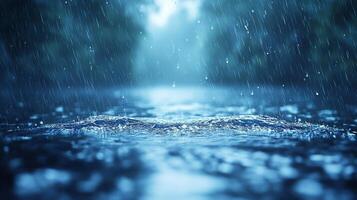 Heavy Rain Creates Shimmering Droplets on a Smooth Surface in a Serene Outdoor Setting. photo