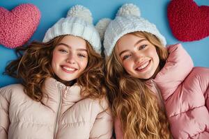 Friends Enjoy a Fun Winter Day With Smiles and Fluffy Hats Against a Colorful Background photo