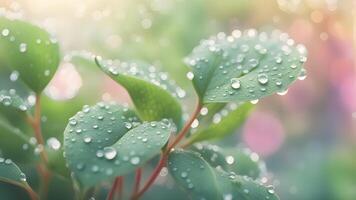 Close-up of dew drops on vibrant green leaves with a soft, bokeh background. photo
