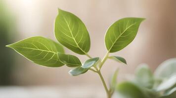 Close-up of a vibrant green sprout with delicate leaves, bathed in soft sunlight against a blurred background. photo