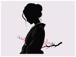 Serene Japanese Silhouette of Woman with Traditional Bun and Cherry Blossom Branch in Soft Pastel Background vector