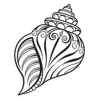 Black outline showcases a spiraling conch shell with intricate swirl accents on transparent background vector