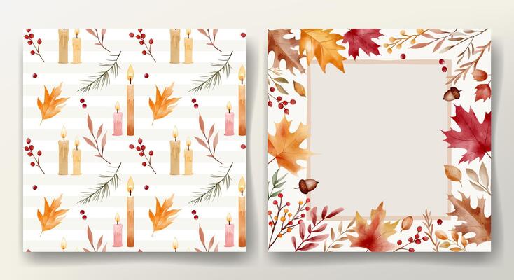 Watercolor autumnal set with frame and seamless pattern with fall leaves for seasonal design and decoration