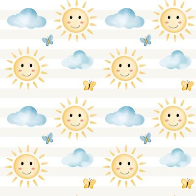 Watercolor seamless pattern with cute summer elements in kids style. Summertime nature, sun, clouds, butterfly