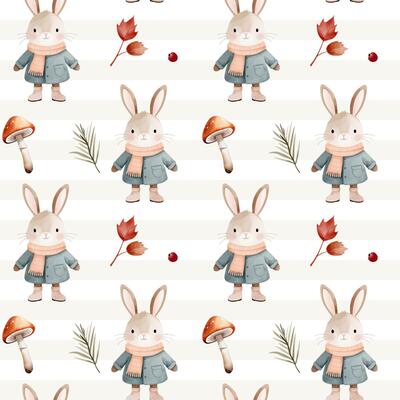 Watercolor pattern with bunny, leaves, acorn for autumnal design. Fall seamless pattern. Autumn woodland