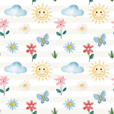 Watercolor seamless pattern with cute summer elements in kids style. Summertime, sun, clouds, butterfly, flowers