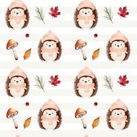 Watercolor pattern with hedgehog, leaves, mushroom for autumnal design. Fall seamless pattern. Autumn woodland vector
