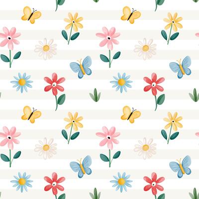 Watercolor seamless pattern with cute summer elements in kids style. Summertime nature, butterfly, flowers