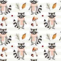 Watercolor pattern with raccoon, leaves, mushroom for autumnal design. Fall seamless pattern. Autumn woodland vector