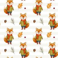 Watercolor pattern with fox, leaves, acorn for autumnal design. Fall seamless pattern. Autumn woodland vector