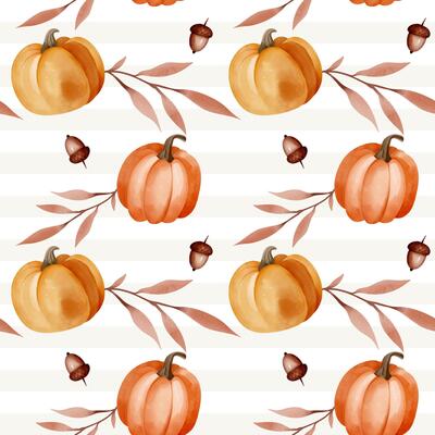 Watercolor autumn background with pumpkins, leaves and acorns. Fall seamless pattern