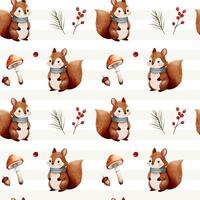 Watercolor pattern with squirrel, leaves, mushroom for autumnal design. Fall seamless pattern. Autumn woodland vector