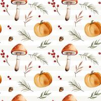 Watercolor pattern with pumpkin, leaves, mushrooms, berries for autumnal design. Fall seamless pattern. vector