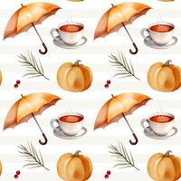 Watercolor pattern with umbrella, cup of tea, pumpkin for autumnal design. Cozy fall seamless pattern. vector