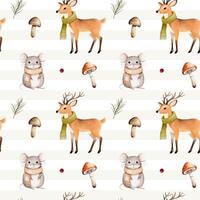 Watercolor pattern with deer, mouse, mushroom for autumnal design. Fall seamless pattern. Autumn woodland vector
