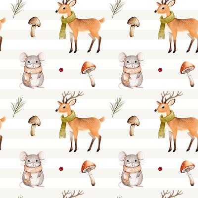 Watercolor pattern with deer, mouse, mushroom for autumnal design. Fall seamless pattern. Autumn woodland