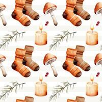 Watercolor pattern with socks, candle, mushroom for autumnal design. Cozy fall seamless pattern. vector