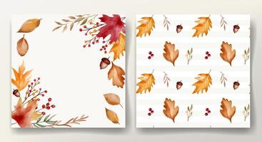 Watercolor autumn set with seamless pattern and frame with fall leaves for seasonal design and decoration vector