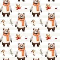 Watercolor pattern with bear, leaves, mushroom for autumnal design. Fall seamless pattern. Autumn woodland vector