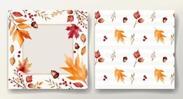 Watercolor autumn set with frame and seamless pattern with fall leaves for seasonal design and decoration vector