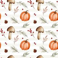 Watercolor pattern with mushrooms, pumpkin, leaves, berries for autumnal design. Fall seamless pattern. vector