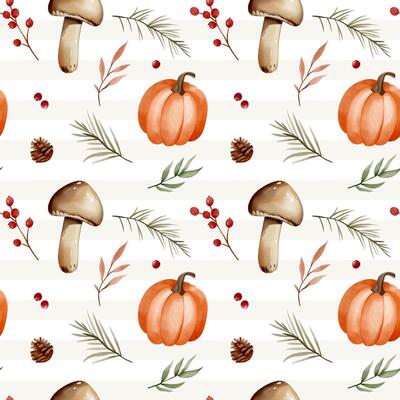 Watercolor pattern with mushrooms, pumpkin, leaves, berries for autumnal design. Fall seamless pattern.