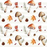 Fall seamless pattern. Watercolor autumn background with mushrooms, leaves, berries and branches. vector