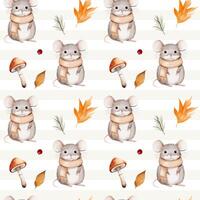 Watercolor pattern with mouse, leaves, mushroom for autumnal design. Fall seamless pattern. Autumn woodland vector