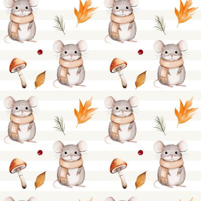 Watercolor pattern with mouse, leaves, mushroom for autumnal design. Fall seamless pattern. Autumn woodland