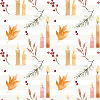 Watercolor pattern with leaves, berries and candles for autumnal design. Fall seamless pattern. vector