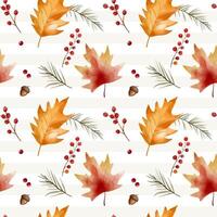 Watercolor pattern with maple leaves, berries and acorn for autumnal design. Fall seamless pattern. vector