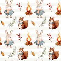 Watercolor pattern with squirrel, hare, forest fire for autumnal design. Fall seamless pattern. Autumn woodland vector