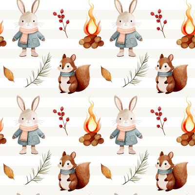 Watercolor pattern with squirrel, hare, forest fire for autumnal design. Fall seamless pattern. Autumn woodland