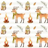 Watercolor pattern with cute deer and owl for autumnal design. Fall seamless pattern. Autumn woodland vector