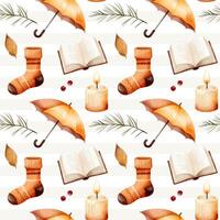 Watercolor pattern with umbrella, sock, book, candle for autumnal design. Cozy fall seamless pattern. vector