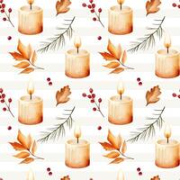 Watercolor pattern with leaves, berries and candle for seasonal design. Fall seamless pattern. vector