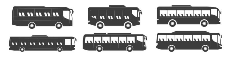 Set of side view tour bus coach travel transport silhouette isolated on transparent background vector