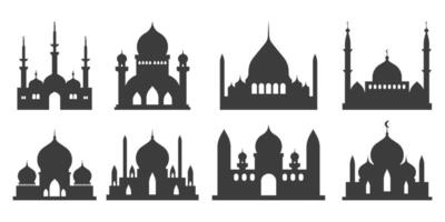 Set of mosque silhouette with dome minaret Islamic architecture isolated on transparent background vector